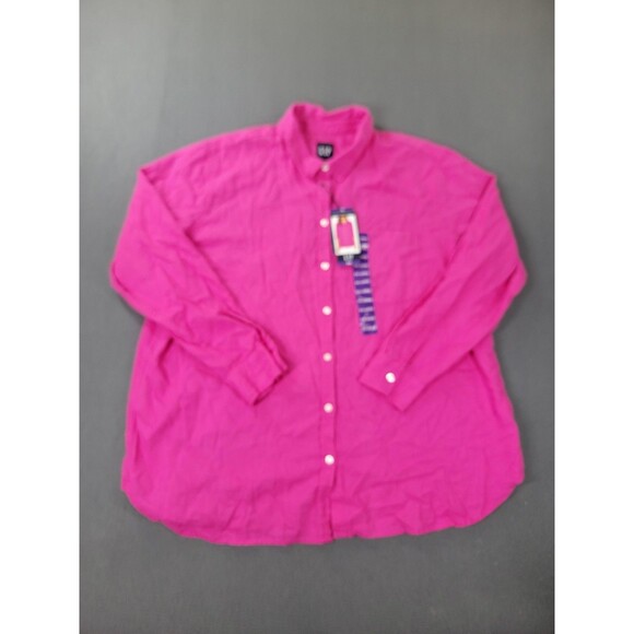 GAP Tops - GAP Shirt Womens 2XL Pink Very Berry Linen Button Down Top Long Sleeve Plus NEW